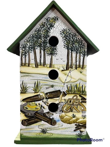 Unique Vintage Wood Birdhouse Hand Painted Fishing Lodge Rustic Cottage USA Made Cover