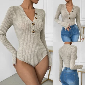 Women Sexy Leotard Bodysuit Long Sleeve Ribbed Body Romper Stretch Jumpsuit Tops - Picture 1 of 10