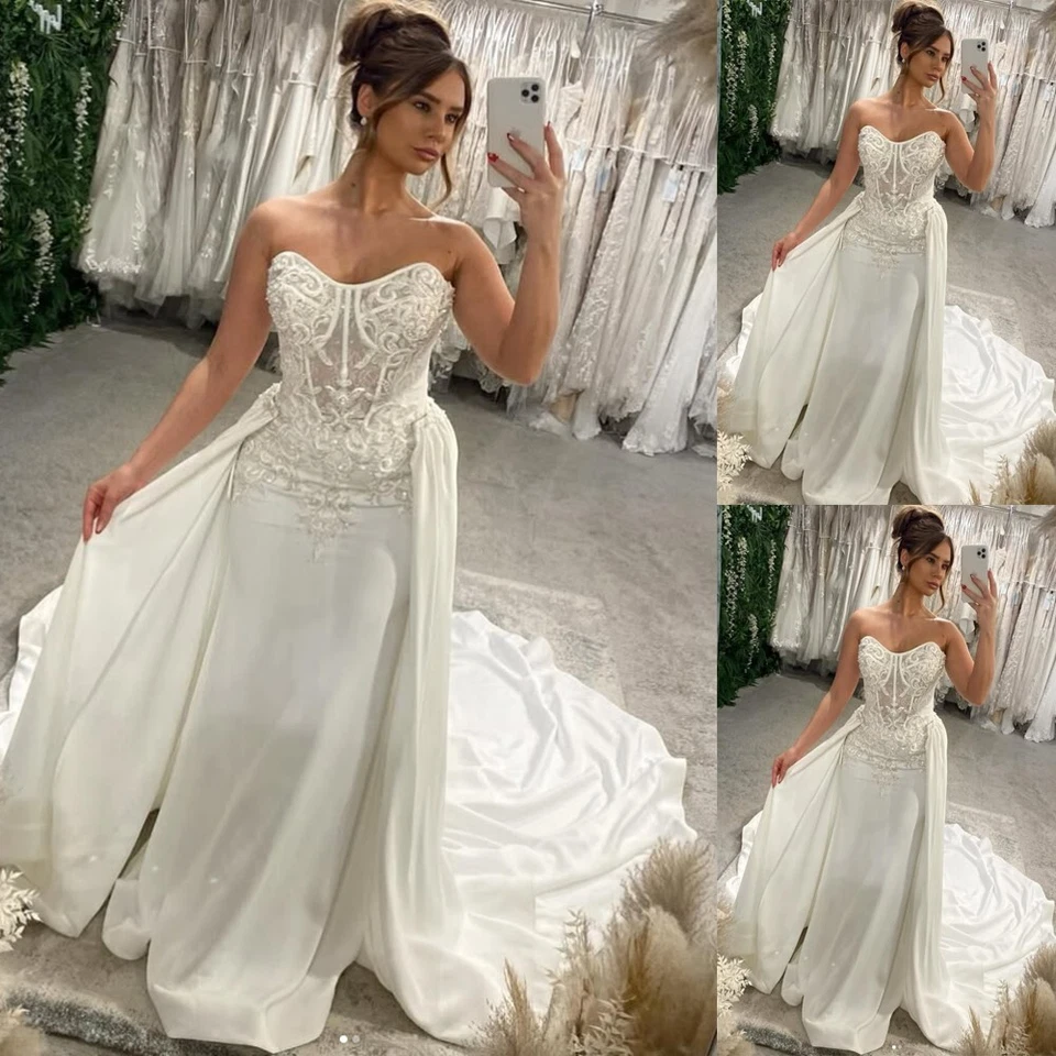 Vestidos de novia de satén de sirena con tren desmontable con cuentas elegantes vestidos de novia Foto 1 de 4
