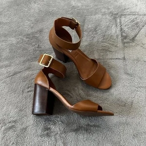 Steve Madden Estoria Brown Leather Sandals Block Heels 8.5 Ankle Strap - Picture 1 of 6