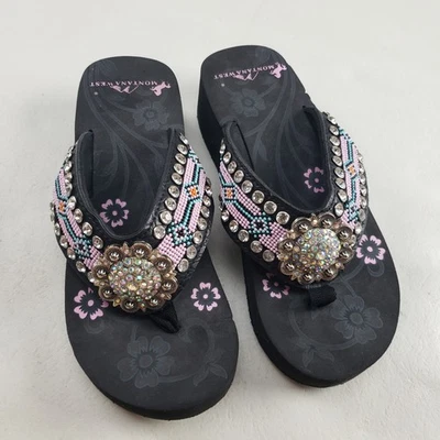 Montana West Beaded Rhinestone Sandal Womens 8 Black Platform Bling Flip Flop - Image 1 of 4