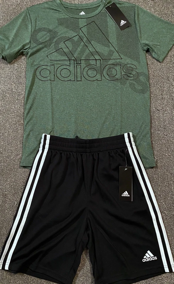 Adidas Boys YMD Army Green/Black/White Logo Shorts Set Medium