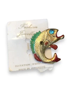 Large Mouth Bass Fish Brooch Hong Kong VTG Rhinestone Accent Goldtone  - Picture 1 of 2