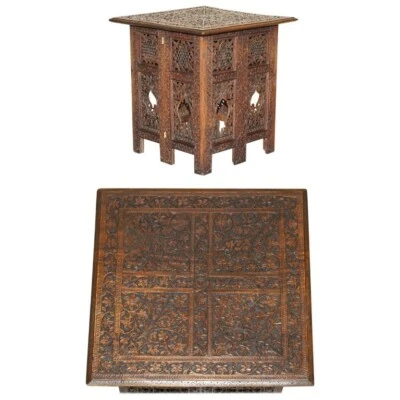 ORNATELY HAND CARVED ANGLO INDIAN BURMESE SIDE COFFEE LAMP WINE FOLDING TABLE - Image 1 of 4