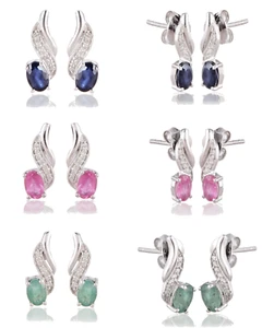 Natural Ruby Sapphire Emerald Feather Wings Stud Earrings 925 Sterling Silver - Picture 1 of 7