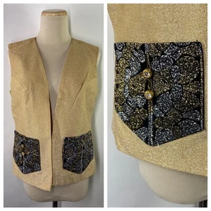 Vintage Medium? Floral Pocket Button Detail Vest Metallic Gold Retro Disco - Picture 1 of 8