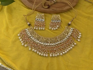 Indian Bollywood Gold Plated Kundan Necklace Earrings Jewelry Set - Picture 1 of 1