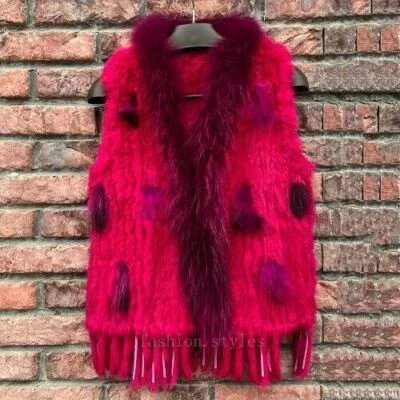Women Real Fur Vest Tassel Knitted Rabbit Fur Waistcoat Casual Fur Collar Coat - Image 1 of 4