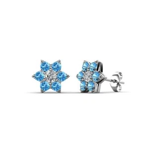 Lab Created Diamond & Blue Topaz Flower Stud Earrings 14K Gold JP:198350 - Picture 1 of 13