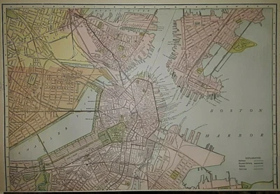 **1921 - 20" x 14" Map ~ BOSTON - CHARLESTON - CAMBRIDGE ~ Free S&H - Image 1 of 2