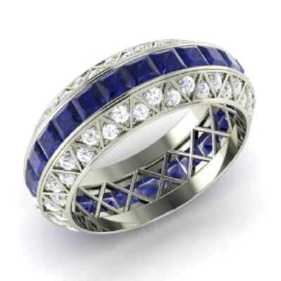 3.70 Ct Natural Sapphire Diamond Engagement Eternity Band 14K Real White Gold - Image 1 of 4