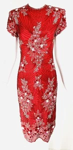 Vintage NAEEM KHAN LILLIE RUBIN rot Blumen Perlen Pailletten Cocktailkleid Kleid, XS - Bild 1 von 12