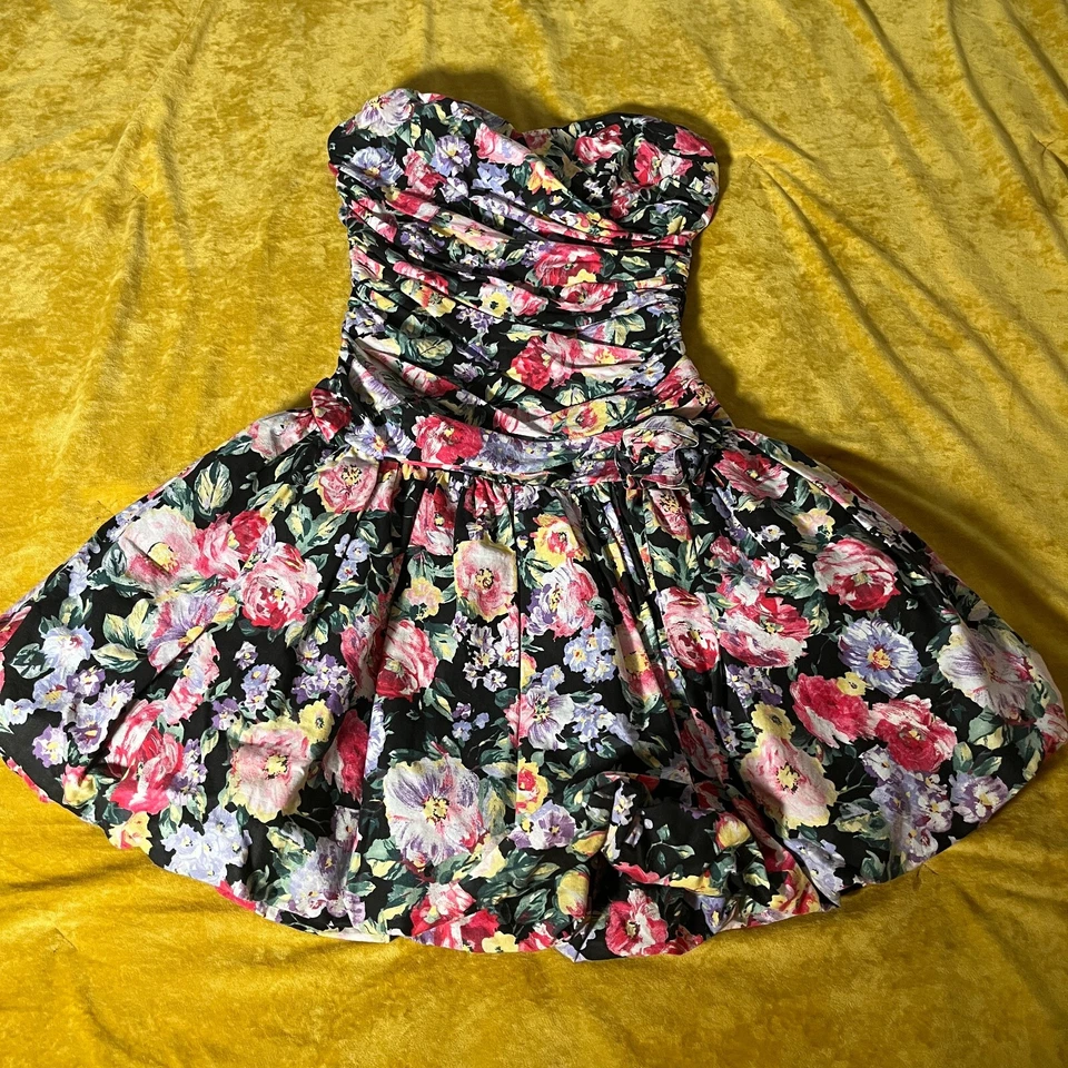 Vestido vintage años 80 sin tirantes fruncido patrón floral cremallera trasera para mujer talla M Foto 1 de 4
