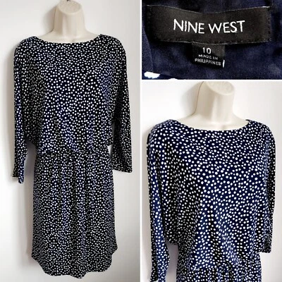 Vestido para dama NINE WEST azul marino blanco manchado lunares hasta la rodilla talla UK 10  Foto 1 de 4