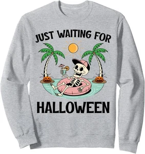 Just Waiting for Halloween Spooky Vibes Summer Skeleton Sweatshirt - Picture 1 of 2