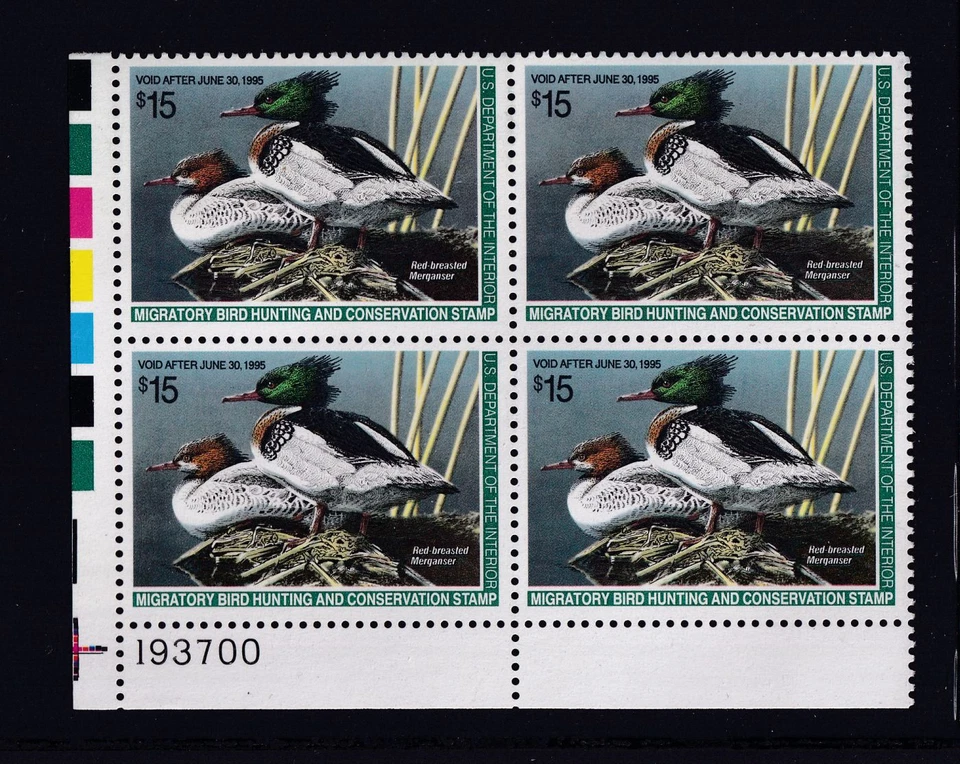 1994 Federal Duck Stamp $15 RW61 XF MNH plate block Red-Breasted Merganser (XB - Image 1 of 1