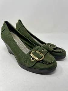 American Eagle Women’s 6.5 Green Platform Wedge Loafer Faux Suede w/Buckle - Picture 1 of 8