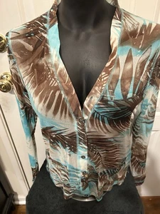 Karen Kane Tropical Leaves Sheer Button Down Blouse Long Sleeves - Picture 1 of 5