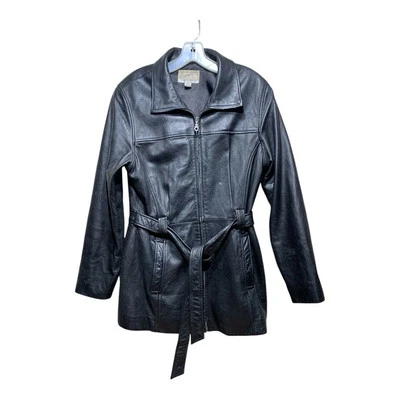 Chaqueta de cuero vintage Jaqueline Ferrar con cinturón para mujer mediana negra piel de cordero Foto 1 de 2