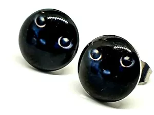 Black Cat Face Stud Earrings Pair Quality Steel 10mm Unisex Lucky Pussy Earrings - Picture 1 of 12