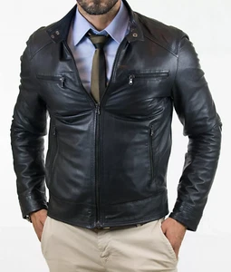 Black Leather Jacket Men's Biker Motorcycle Genuine Soft Real Sheep Skin Jacket - Picture 1 of 8