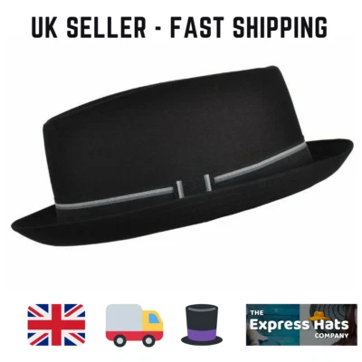 Fidra Black light weight Unisex Pork Pie Hat with grey stripe FAST DELIVERY 🚚💨