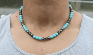 A++ Genuine Turquoise & Hematite Smooth Round Gemstone Beaded 18'' Men Necklaces - Picture 1 of 12
