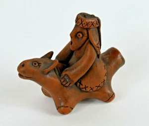 Folk Art Signed Terracotta Clay Whistle Man Riding Horse - Picture 1 of 6