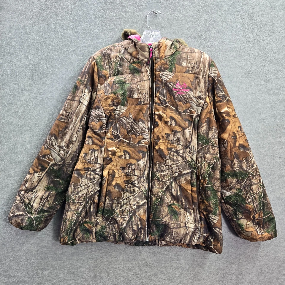 Jaqueta Realtree Feminina XL Marrom Camuflagem Capuz Zíper Completo Bolsos Pele Sintética - Imagem 1 de 4