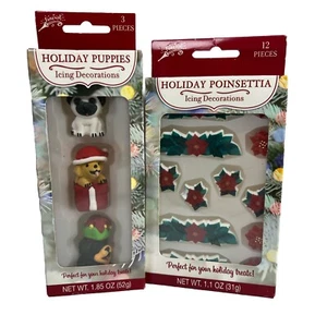 Brand Castle Holiday Puppies & Poinsettias Icing Decorations Cake Cupcakes 15 Pc - Picture 1 of 14