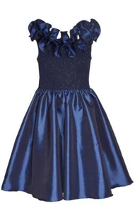 NEW Bonnie Jean GirlS Size 7 "NAVY RUFFLED NECKLINE" Taffeta Bow Back Dress NWT - Picture 1 of 3