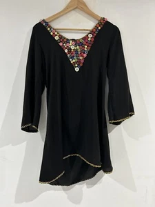 Women’s Boho Wearable Art Button Accent Scoop Back Top Be Happy M C Davidian M - Picture 1 of 15