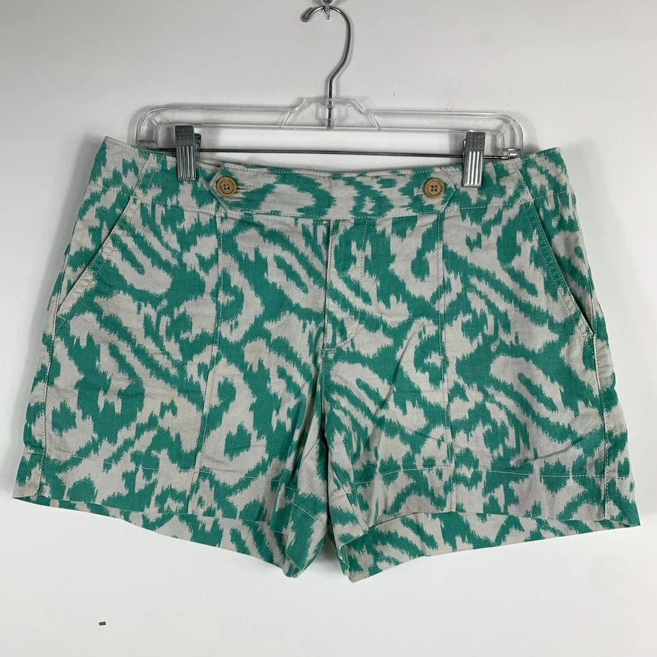 Pantalones Cortos Ann Taylor Loft Talla 6 Verde Azulado Blanco Mezcla de Lino Pantalones Calientes Tiro Medio Foto 1 de 4