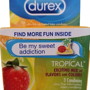 Durex Condoms Pleasure Pack SWEET ADDICTION Tropical Flavors Colors 3 Count 7/26 - Picture 1 of 12