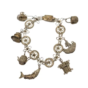 Antique Chinese Export Silver Filigree 7 Charm Bracelet - Picture 1 of 6