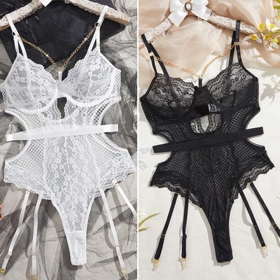 Sexy Women Lingerie Set Sleepwear Teddy Babydoll Lace Bodysuit with Garter Belt - Image 1 of 4