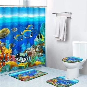 4 Piece Shower Curtain Sets, Ocean Fish Coral Reef with Non-Slip Rugs, Toilet... - Picture 1 of 7