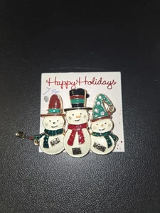 Happy Holidays Weihnachten Brosche mit drei Schneemännern Let It Snow 2,5” x 2” Winter - Bild 1 von 2