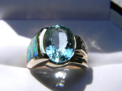 14K Gold DESIGNER NATURAL AQUAMARINE DIAMOND OPAL RING   - Изображение 1 из 4