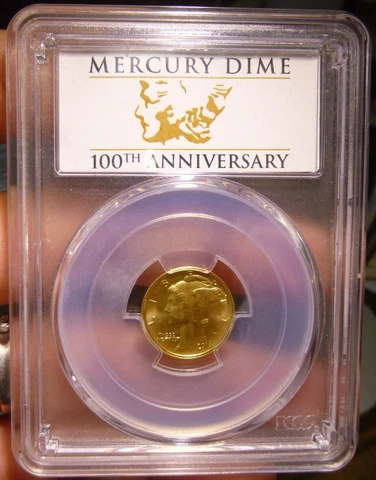 2016-W 10C MERCURY DIME CENTENNIAL FIRST STRIKE  ISSUE 1/10 OZ. GOLD PCGS SP70 Cover