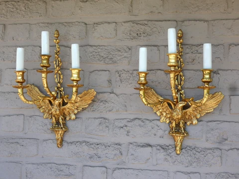 PAIR Bronze 3 arm Eagle Empire design French wall lights sconces rare Cover
