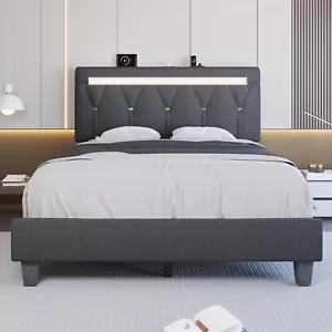 Full Queen King Bed Frame with Bluetooth Speaker, LED Light&Adjustable Headboard - Picture 1 of 26