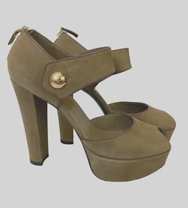 LV LOUIS VUITTON Olive Green Nubuck Leather Peep Toe Platform Sandals Suede 9.5 - Picture 1 of 9