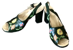 VTG EDOUARD JERROLD BLK EMBROIDERED PEEP TOE PUMPS ~60'S ~ SZ 7 ~ GREECE ~ RARE - Picture 1 of 8