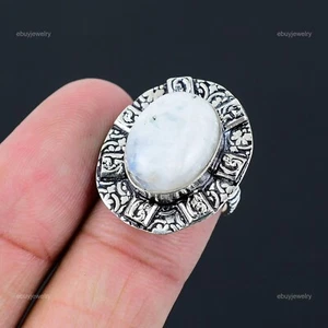 Sterling Silver Rainbow Moonstone Gemstone Engagement Solitaire Boho Ring Size 7 - Picture 1 of 8