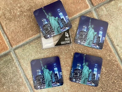 4 Coaster Set New York Statue Of  Liberty New Beer Coaster Man Cave Pub Holiday - Image 1 of 2