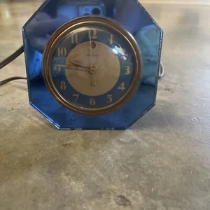 Art Deco Telechron CLOCK Blue Mirror Desk Table Clock . Works Great - Picture 1 of 10