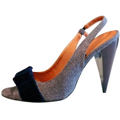 Lanvin Gray Wool w/ Blue Velvet Bow Slingback Heels SZ 39 9 - Image 1 of 4