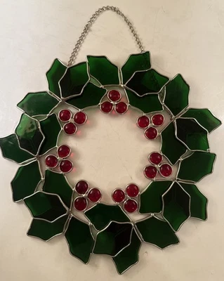 Guirnalda de bayas de acebo de Navidad de vitral 12 pulgadas colgante vintage Suncatcher EE. UU. Foto 1 de 3