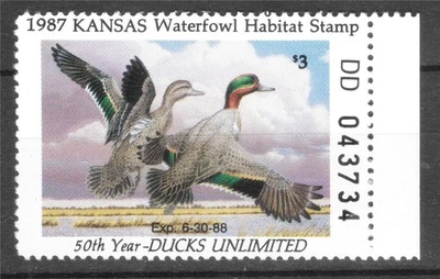 USA, SCOTT # KS01, YEAR 1987 MNH KANSAS DUCK, WATERFOWL HABITAT STAMP 50TH YEAR - Image 1 of 2
